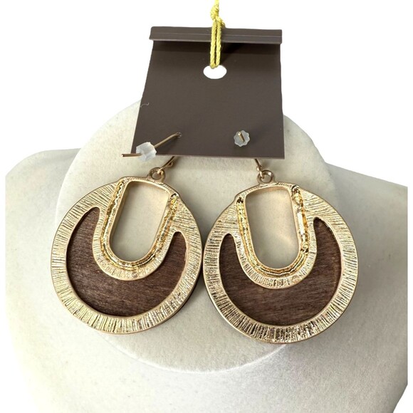 J. Jill Round Wood Earrings Gold Tone Drop Dangle Brown Neutral Boho Earthy NWT - Picture 9 of 9